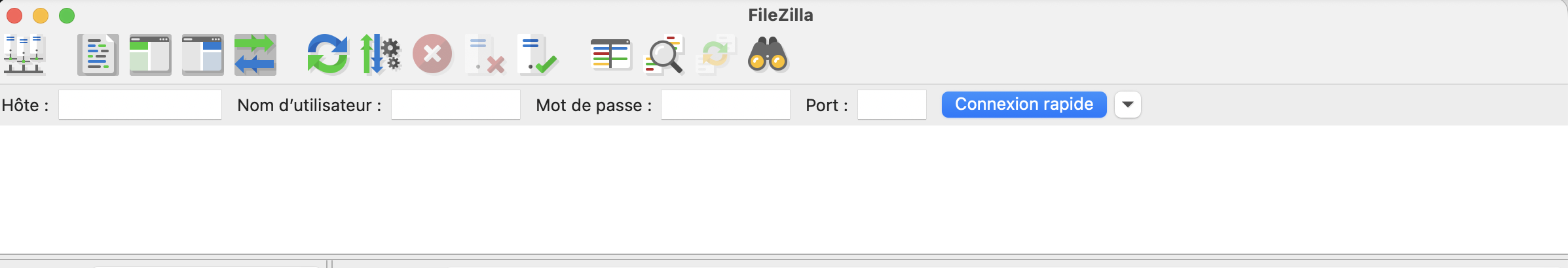 Capture d'écran de FileZilla : ouverture de l'application