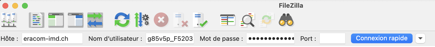 Capture d'écran de FileZilla : connexion rapide
