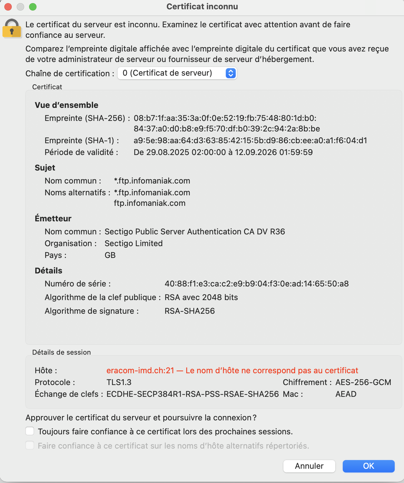 Capture d'écran de FileZilla : acceptation du certificat TLS