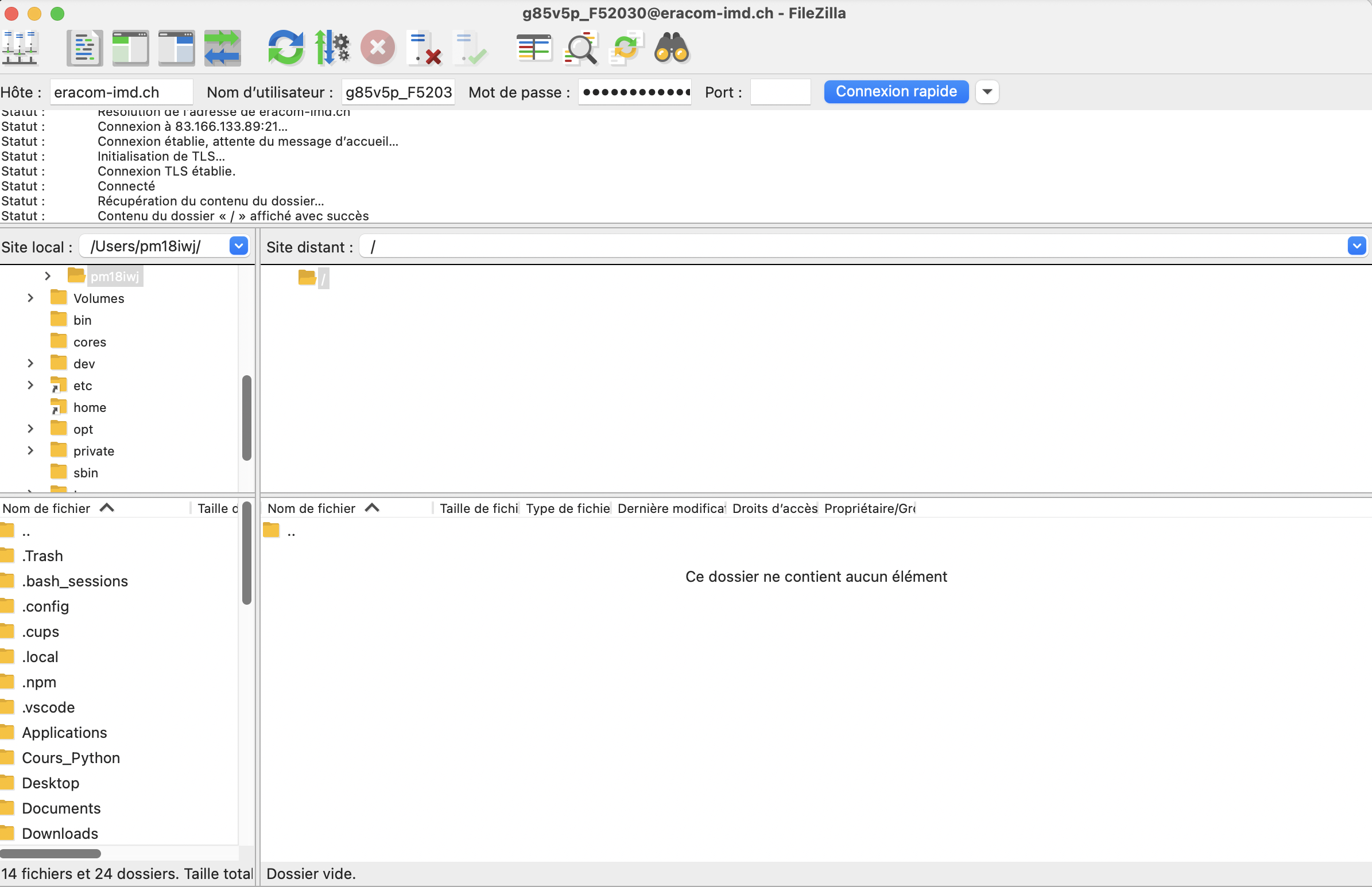 Capture d'écran de FileZilla : vue des dossiers locaux et du serveur
